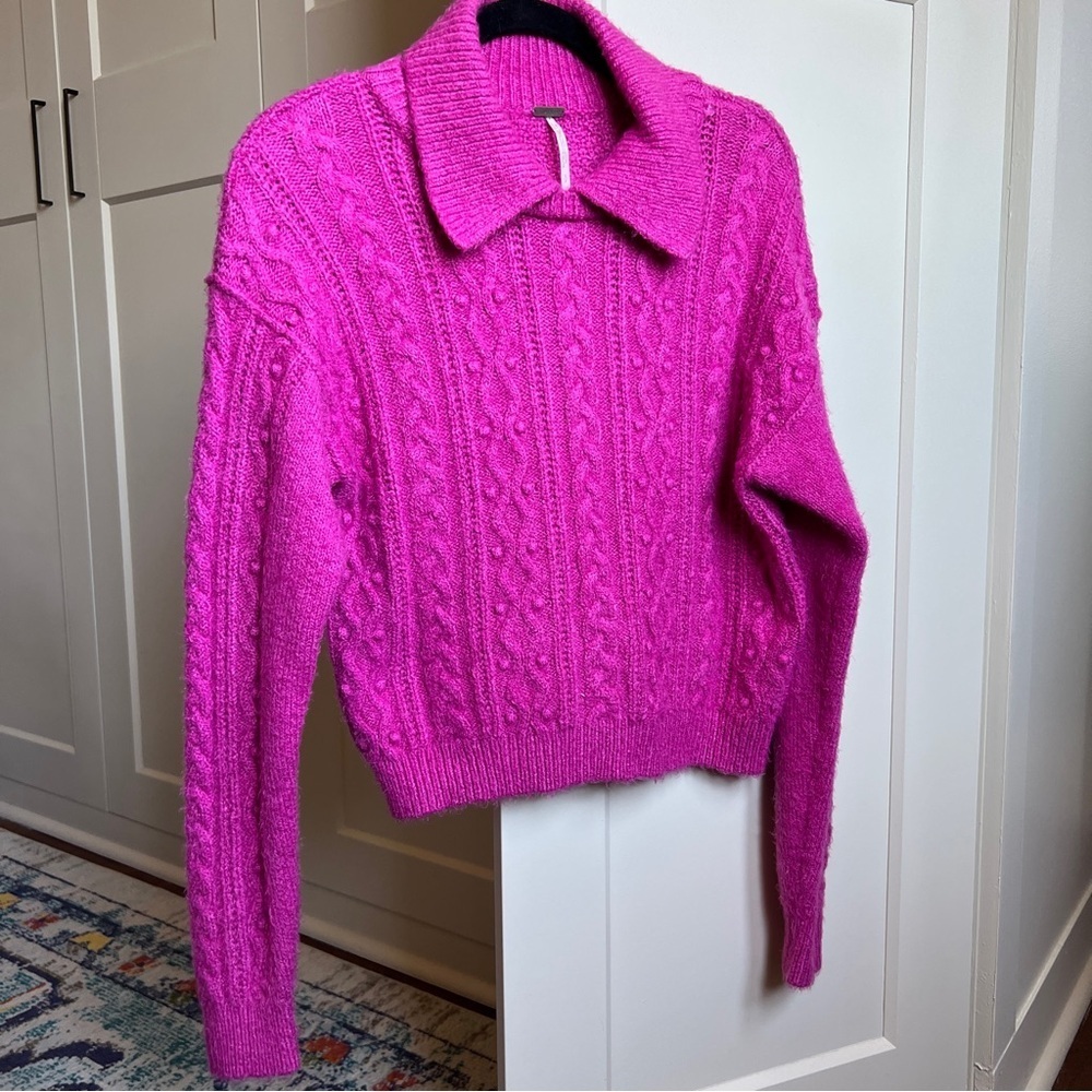 Free People Every Cloud Collared Pullover Cable Knit Sweater Fuchsia Fizz small